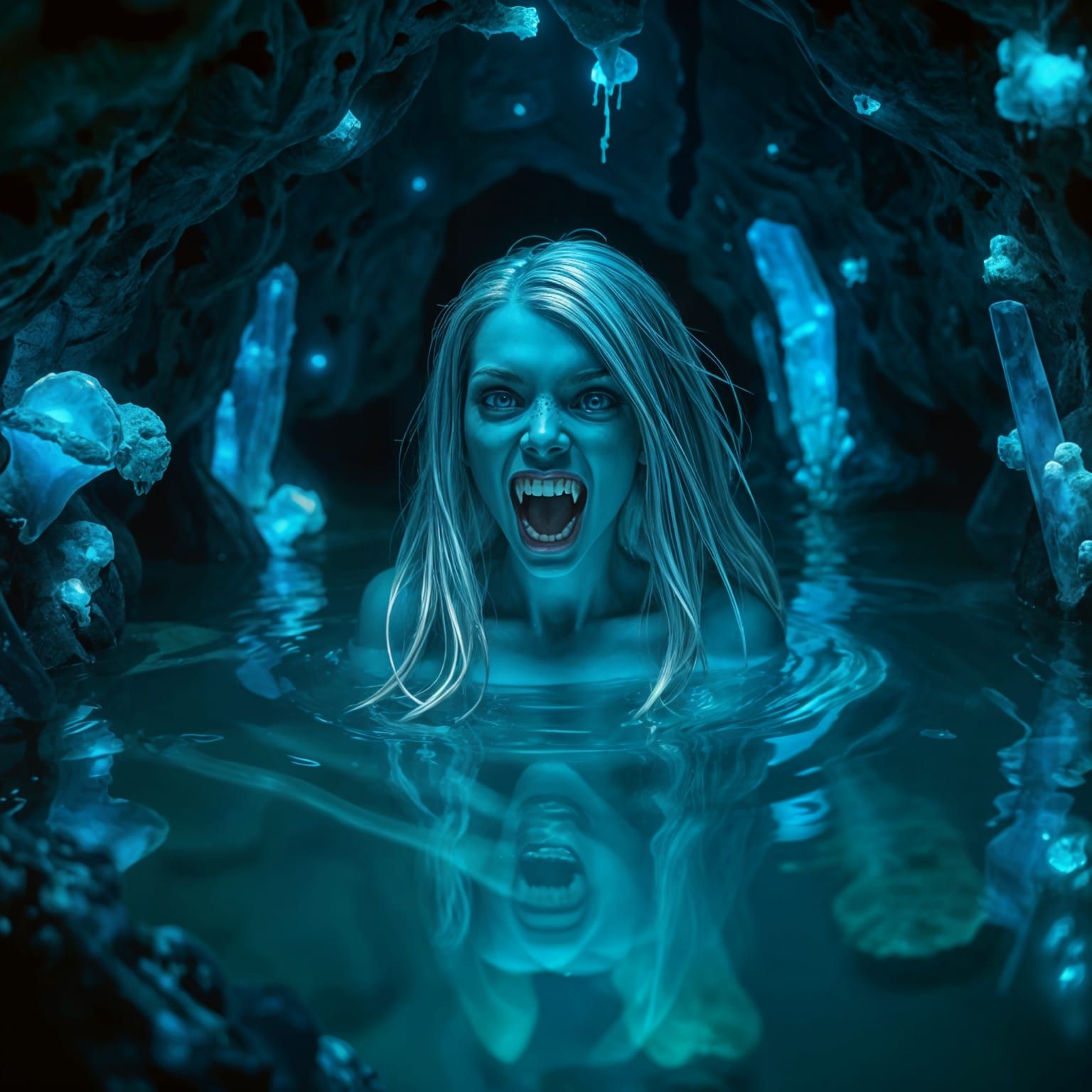 Surreal Water Nymph in a Cave of Glowing Fungus