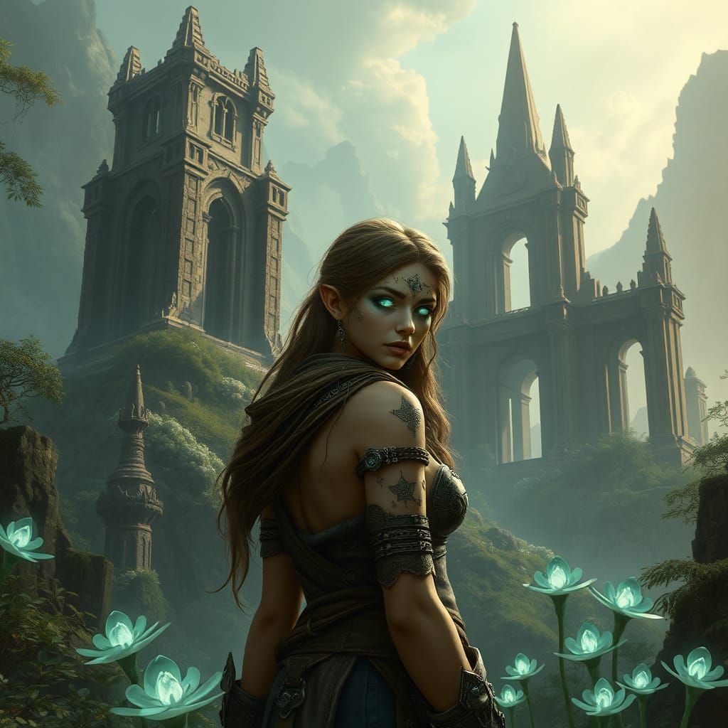 Ethereal Adventurer Amidst Ancient Ruins in Whimsical Cyberp...