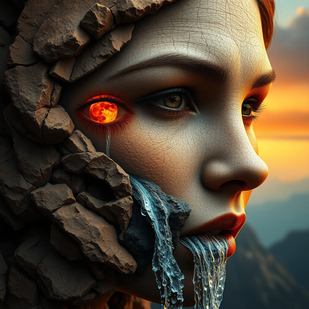 Stone Woman with Celestial Eyes: Surreal Portrait