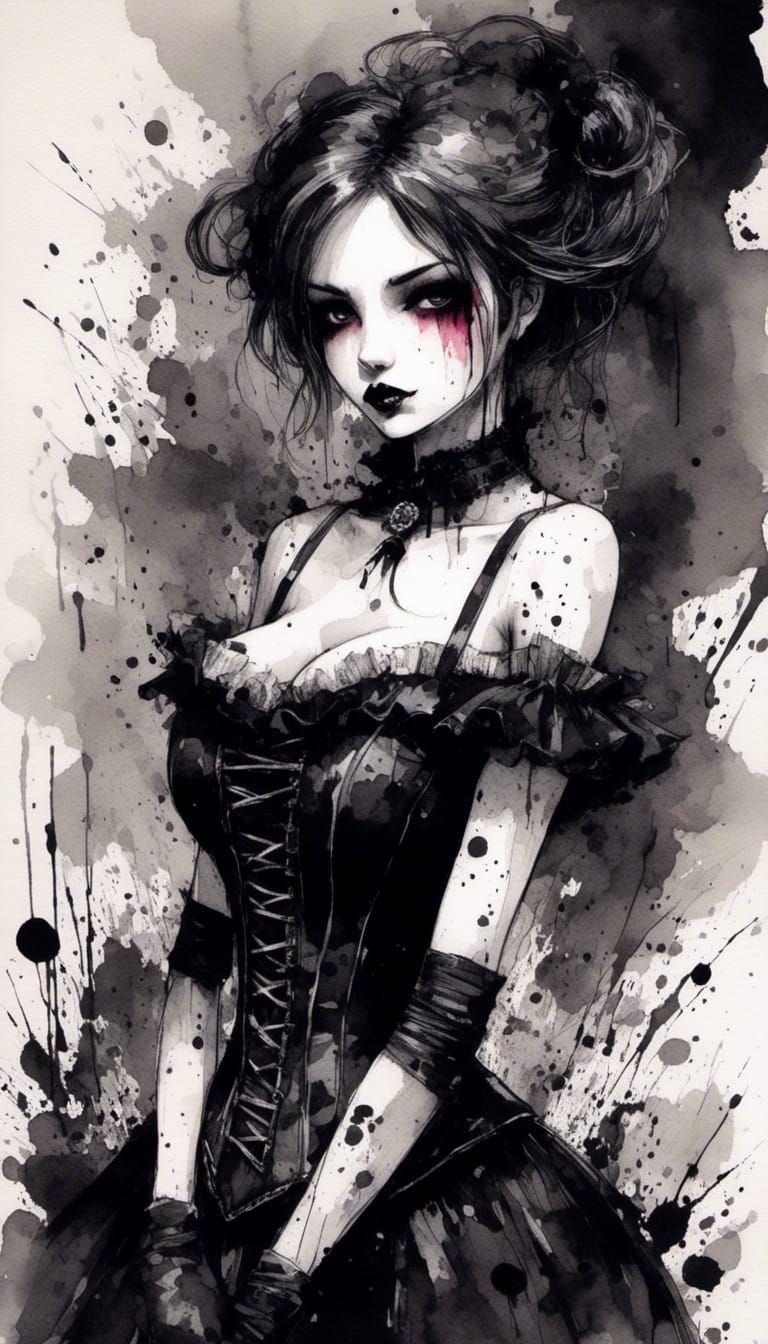 Cute Anime Goth Doll in Ink Splatter Art