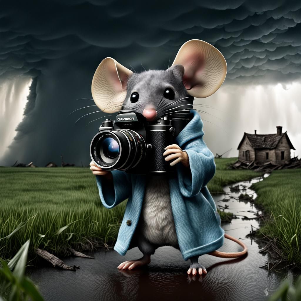 Hyperrealistic Chibi Mouse Photographer Captures Tornado