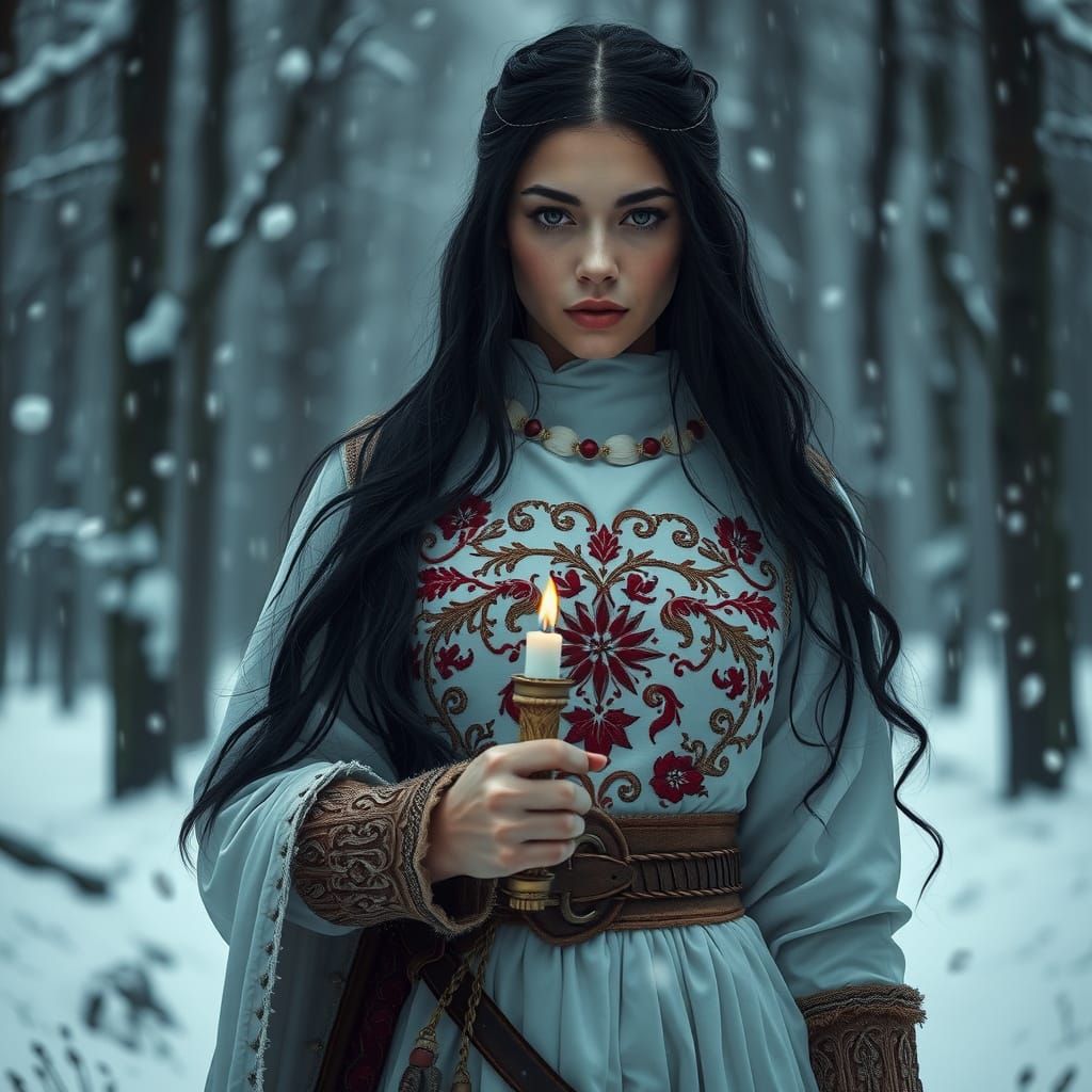 Woman Warrior in Snowy Forest, Hyperrealistic Style
