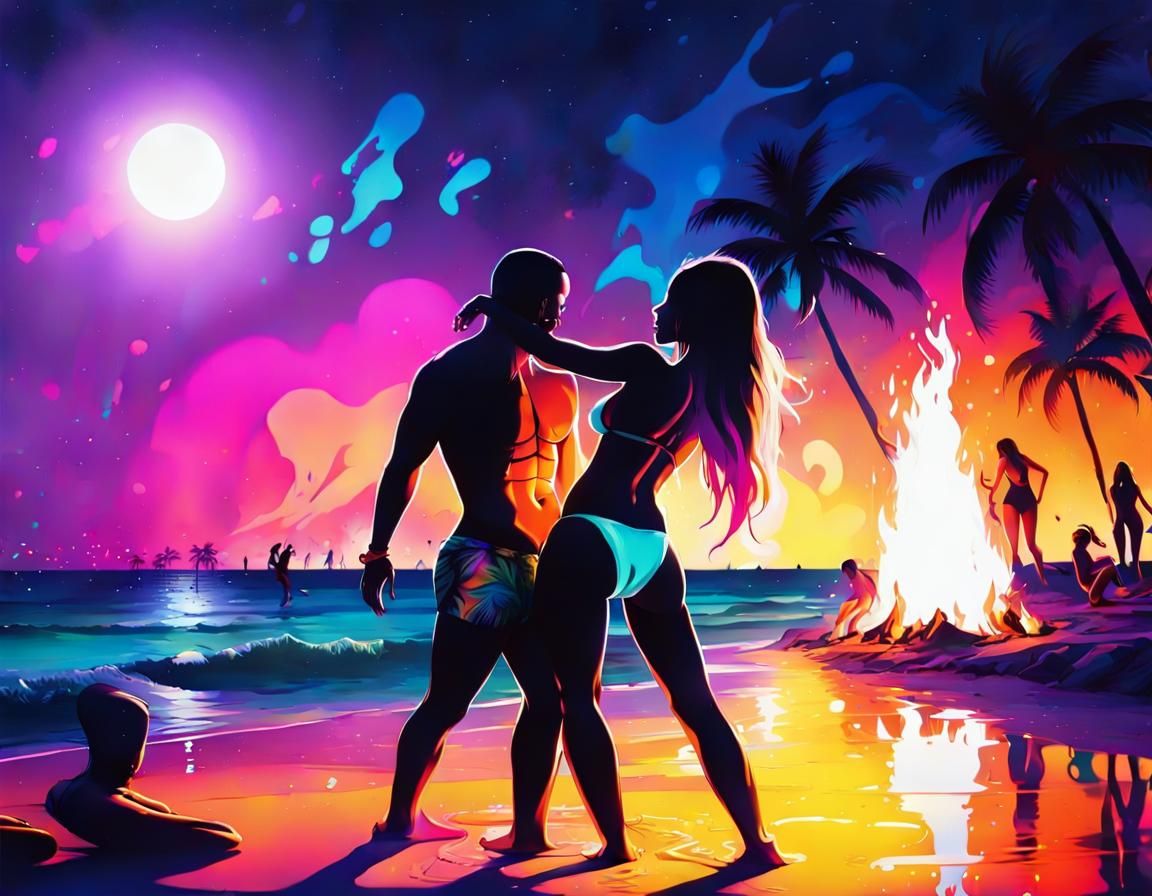 Tropical Beach Party at Night in Graffiti Style