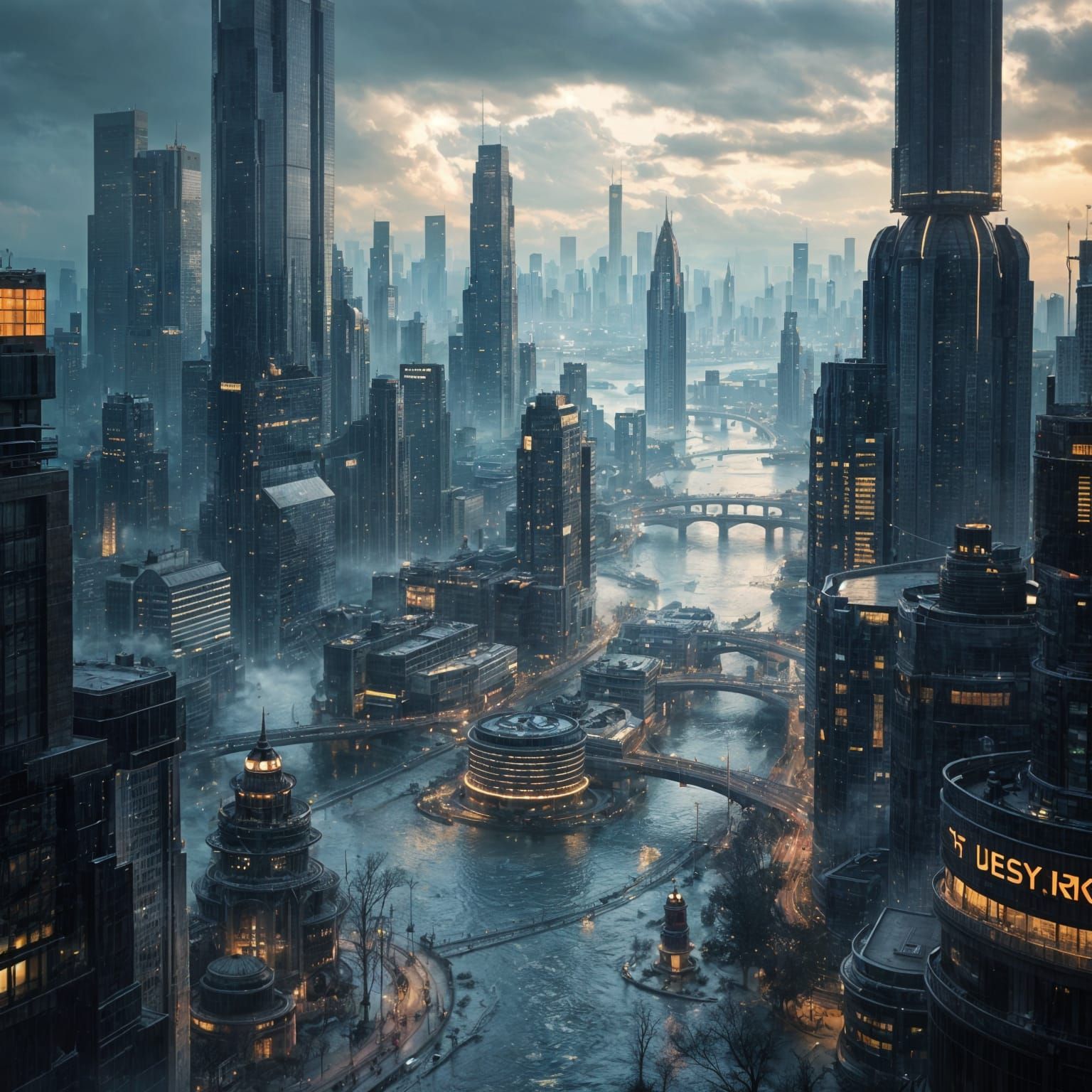 Flooded Cyberpunk Cityscape with Skyscrapers