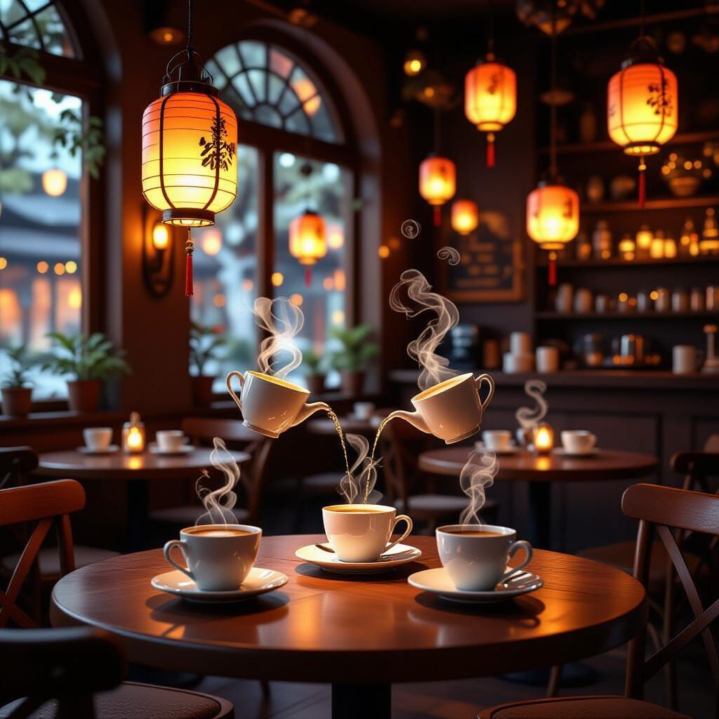 Enchanted Cafe with Floating Lanterns and Self-Pouring Cups