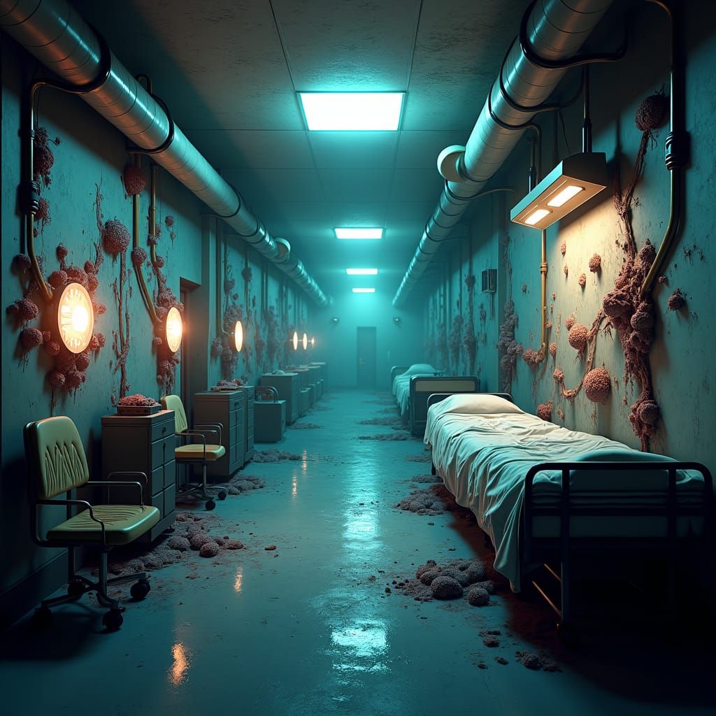 Eerie Abandoned Hospital Interior with Bioluminescent Growth...
