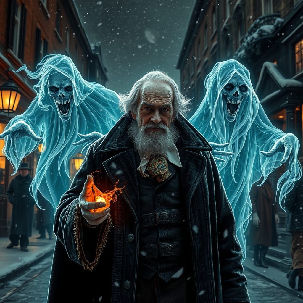 Ebenezer Scrooge Haunted by Christmas Spirits in Victorian L...