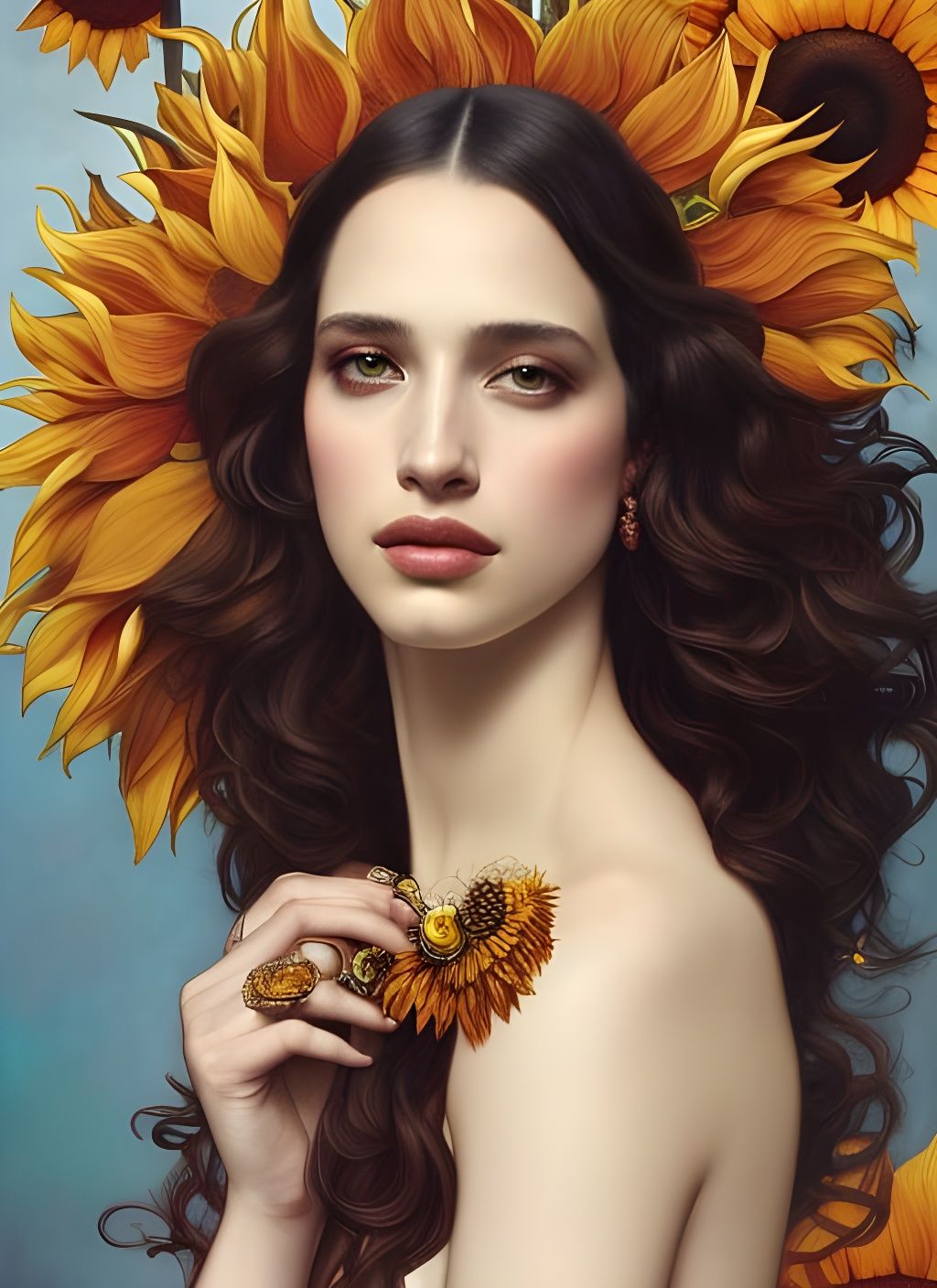 Sunflower Goddess Portrait in Art Nouveau Style