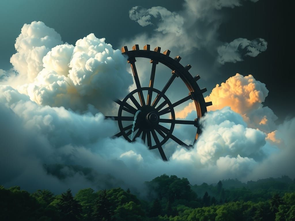 Dreamlike Waterwheel in Chiaroscuro Lighting Amidst Whimsica...