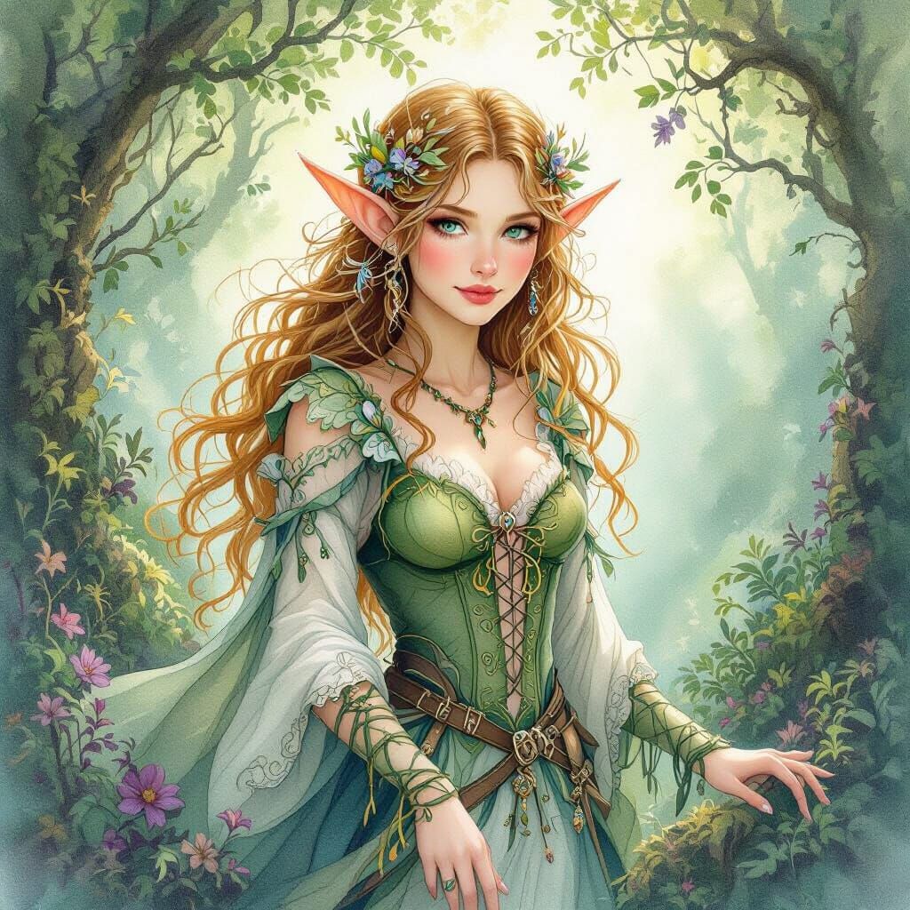 Ethereal Elf in a Lush Forest, Watercolor Style