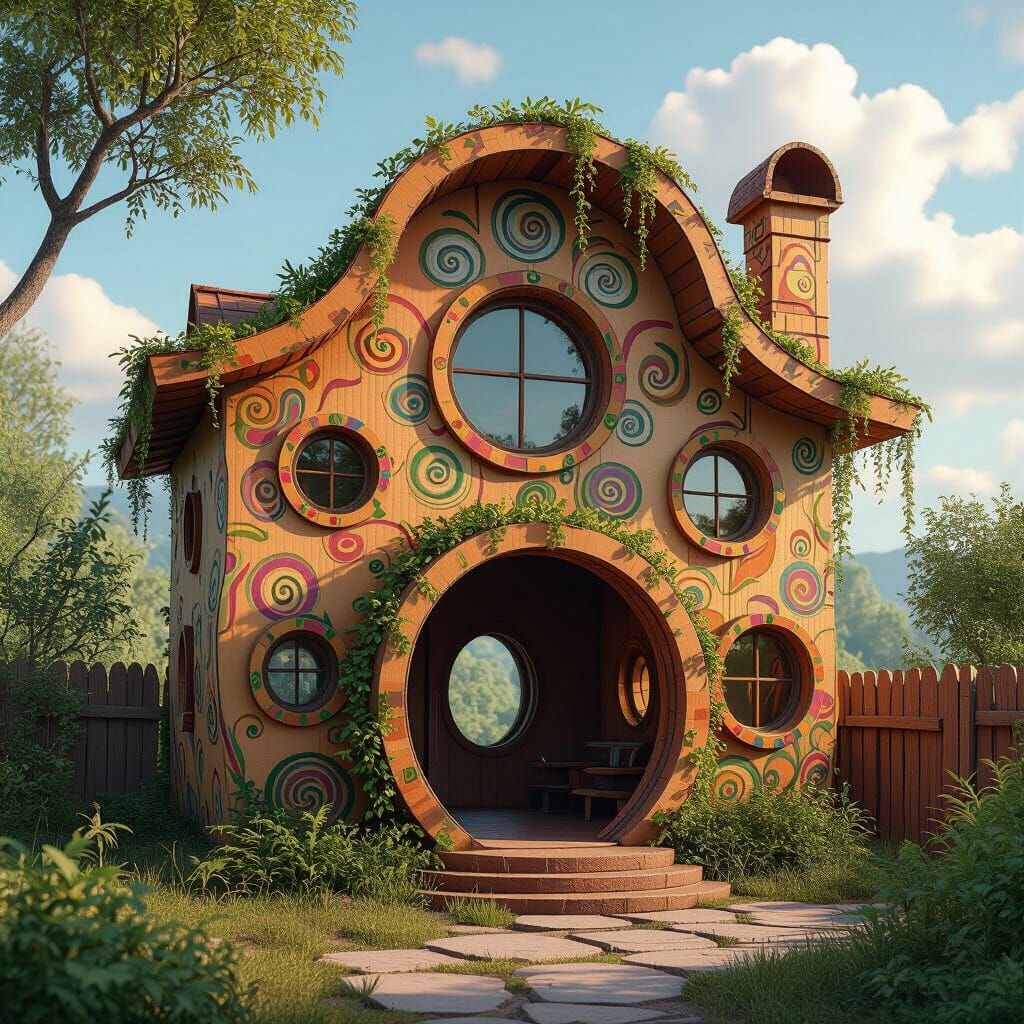 Whimsical Cardboard Cathouse with Swirling Patterns