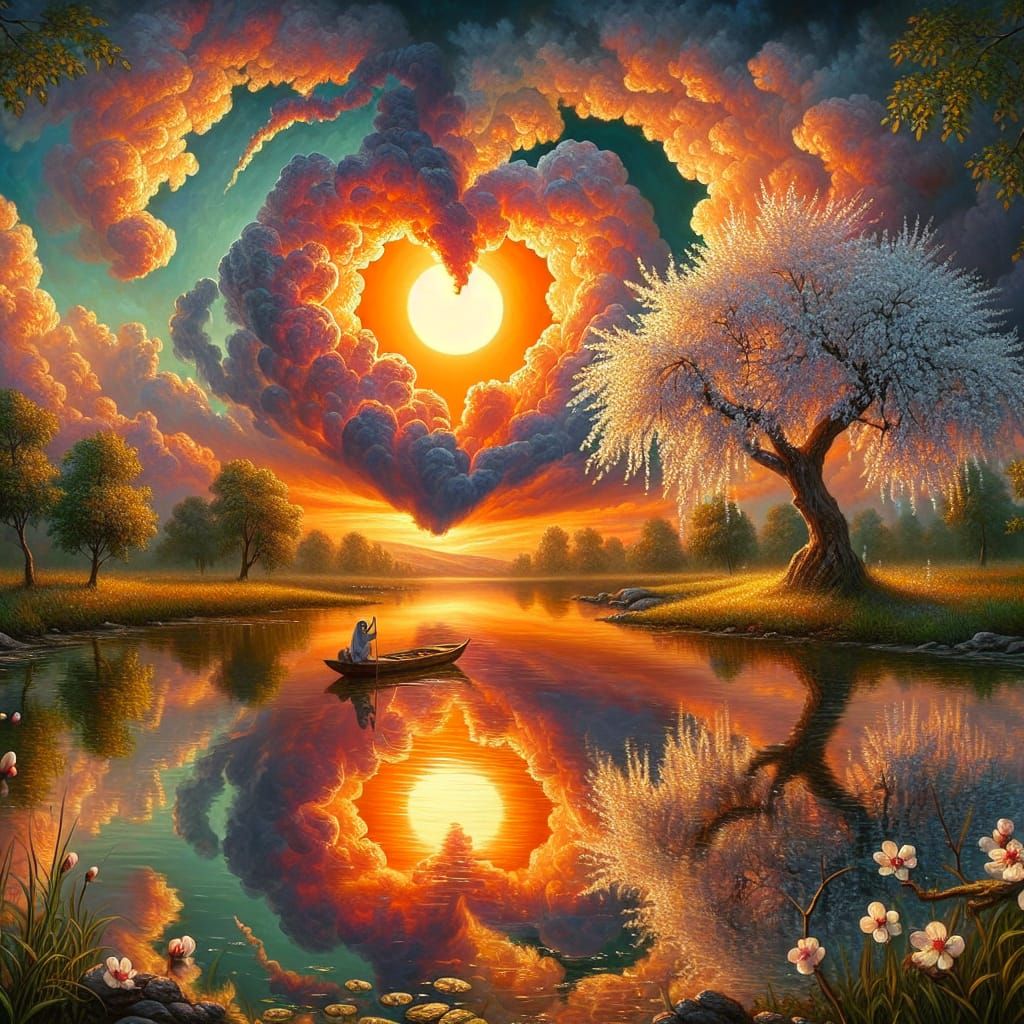 Heart Sunset Oil Painting with Almond Tree