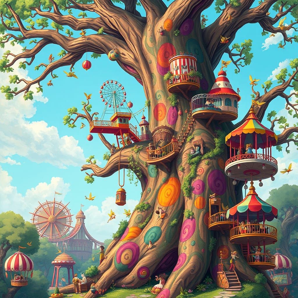 Whimsical Fairytale Amusement Park in Gouache Style