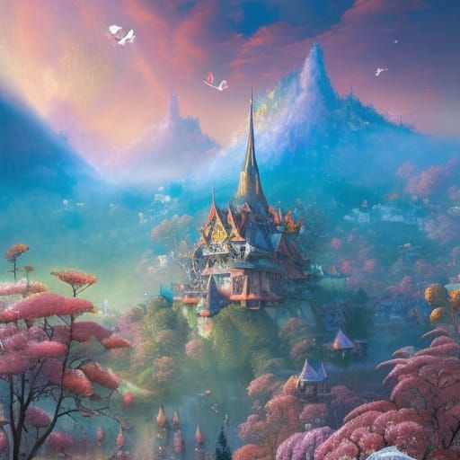 Colorful Whimsical Treehouse in Psychedelic Fantasy Landscap...