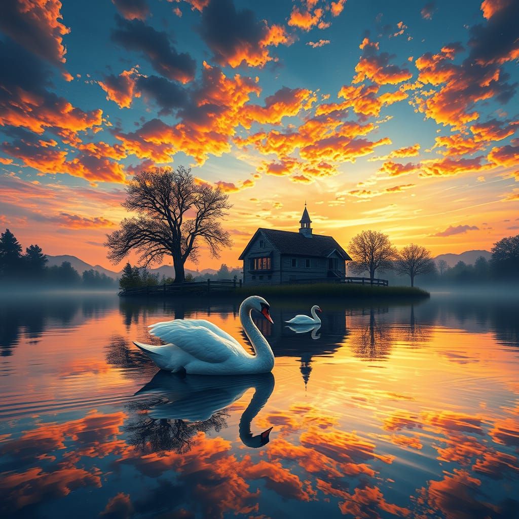 Charming House Reflected in Lake at Sunset in Impressionist ...