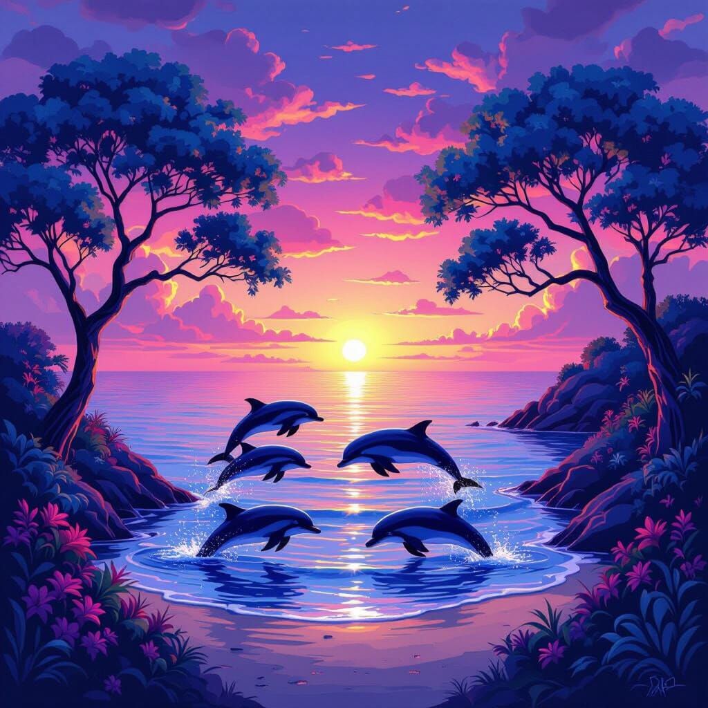 Magical Ocean Sunset with Purple Pink Trees and Dolphins