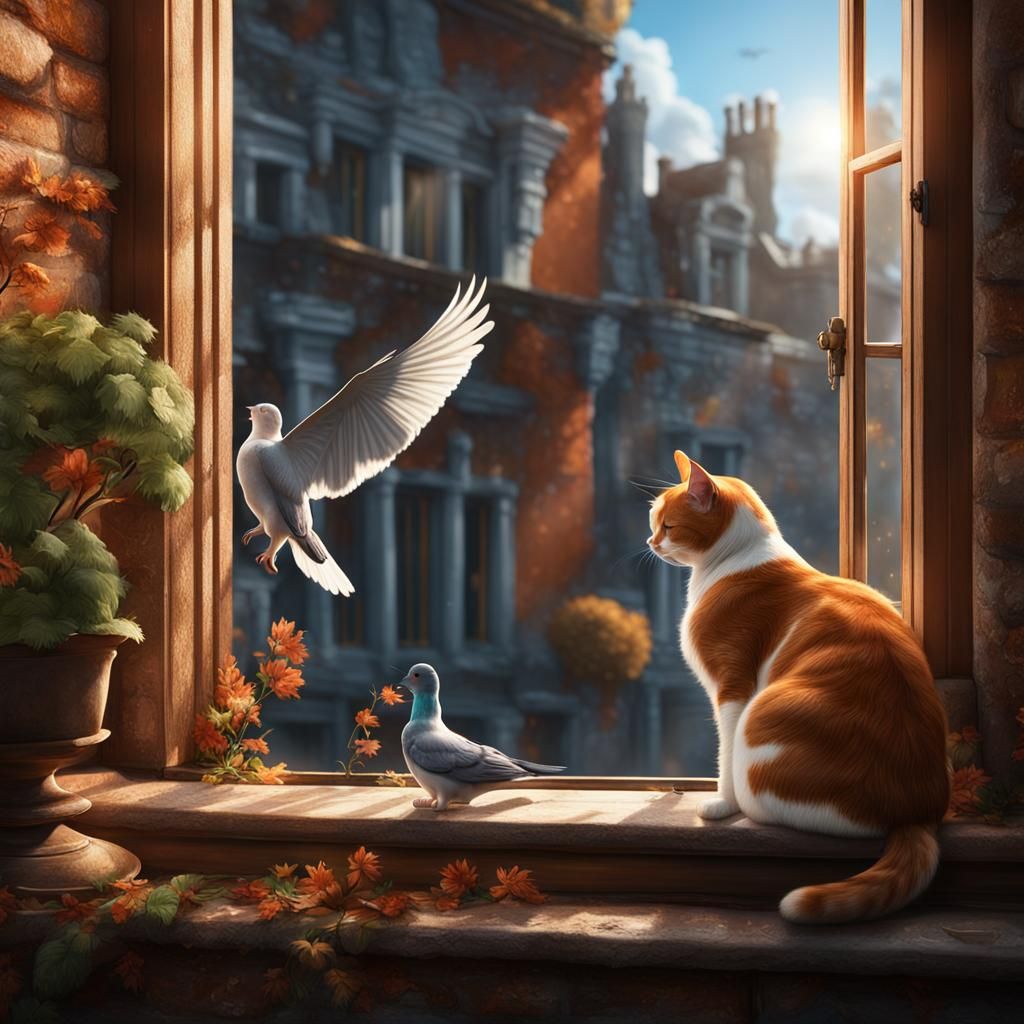 Ginger Cat Watches Pigeon: Detailed Digital Art