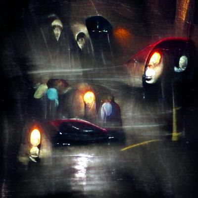 Rainy Night Street Scene with Car Headlights