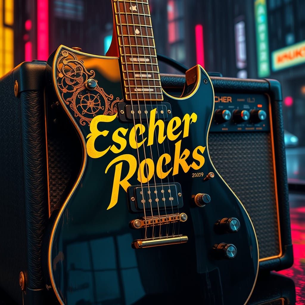 Steam Punk Electric Guitar Amidst Neon Dystopian Cityscape