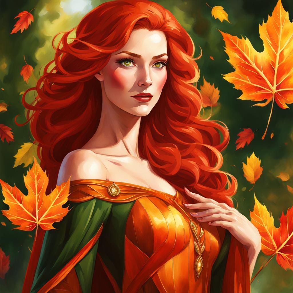 Jean Grey, matched eyes, well drawn five finger hands, warmly beautiful, kind, red-headed, green eyed queen of autumn, d...