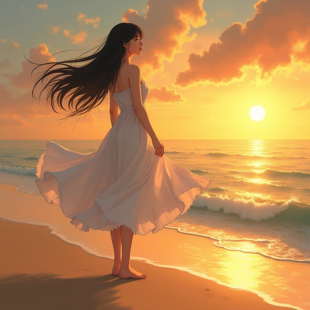 Woman on Beach at Sunset, Anime-Inspired