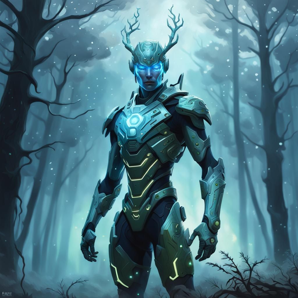 Cyborg Forest Guardian in Frosty Morning Fog