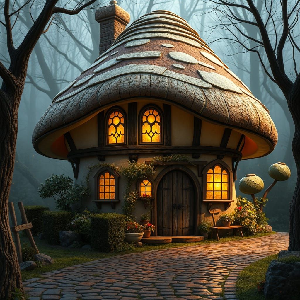 Whimsical Mushroom Cottage in Tudor Style with Rustic Charm