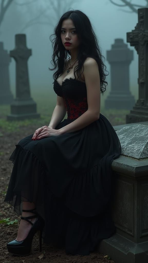 Gothic Woman in Graveyard, Dark Romanticism Style