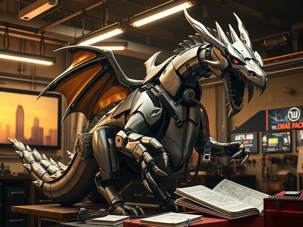 Dragon Mecha Repair in Dimly Lit Workshop