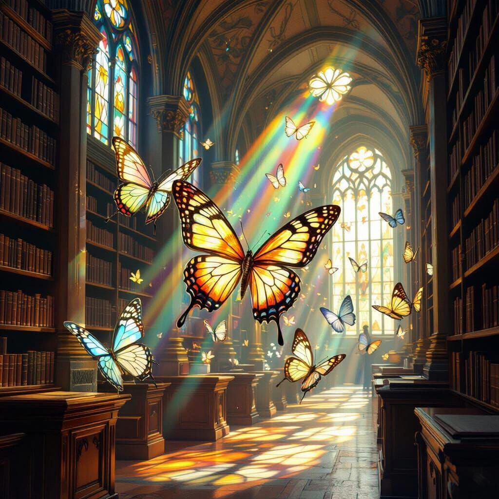 Butterflies in Ancient Library, Art Nouveau Style