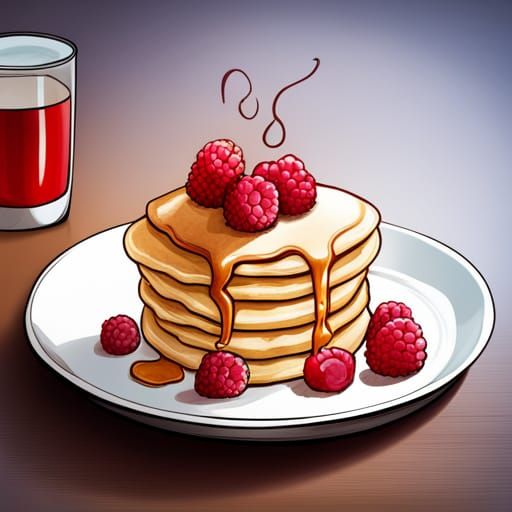 Delicious Pancakes with Raspberries in Colored Pencil Style