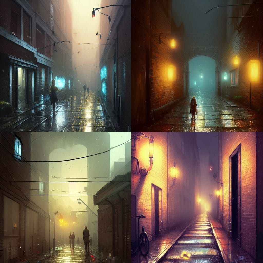 Gloomy Alleyway with Fireflies: Cinematic Concept Art