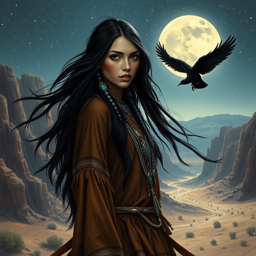 Navajo Shaman Transforms in Surreal Moonlit Landscape