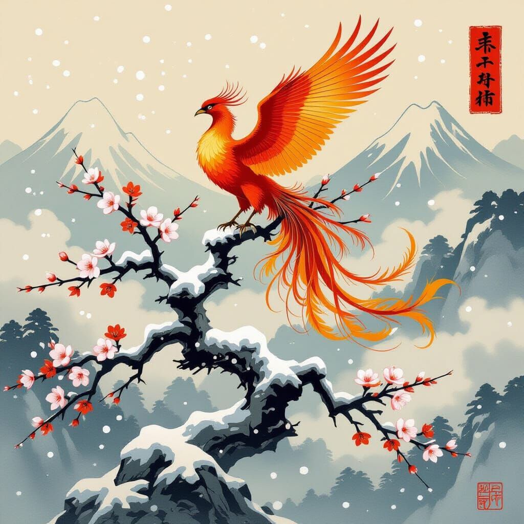 Majestic Phoenix on Snow-Covered Cherry Tree in Ukiyo-e Styl...