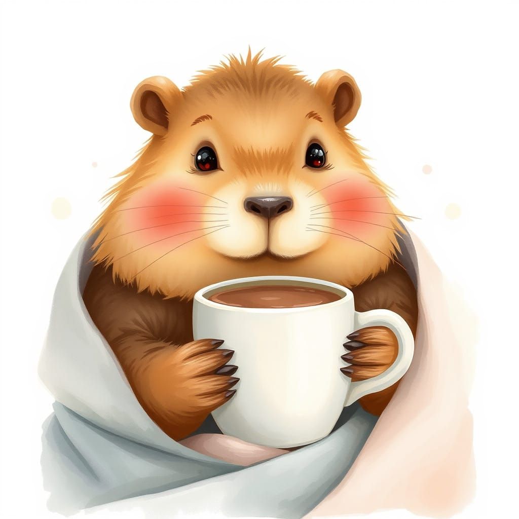 Pastel Capybara Sips Cocoa in Whimsical Watercolor Illustrat...