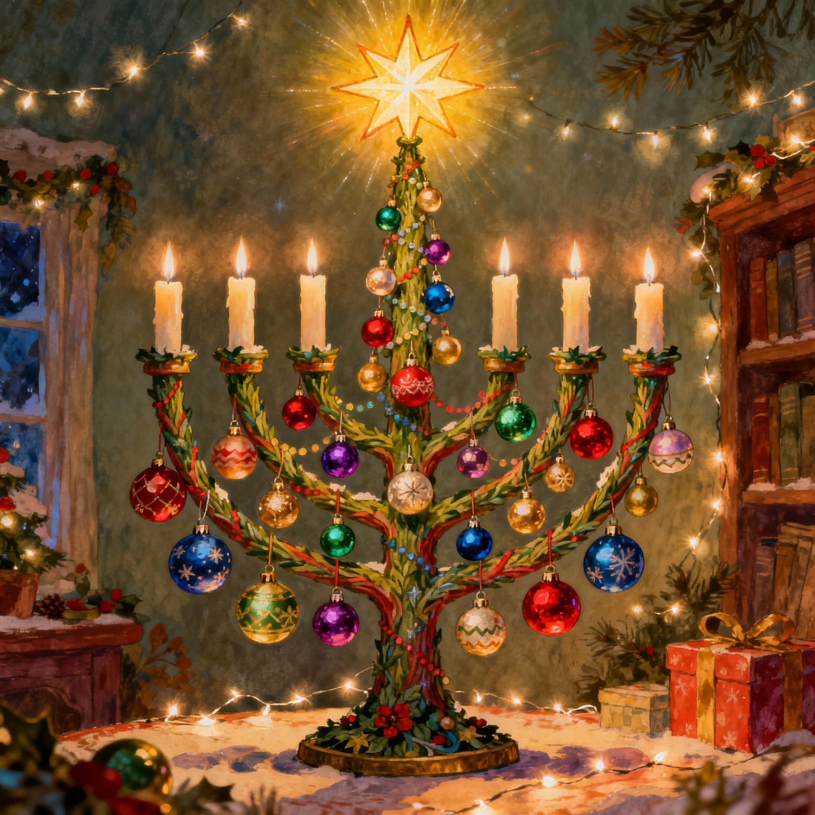 Whimsical Menorah Christmas Tree Illustration