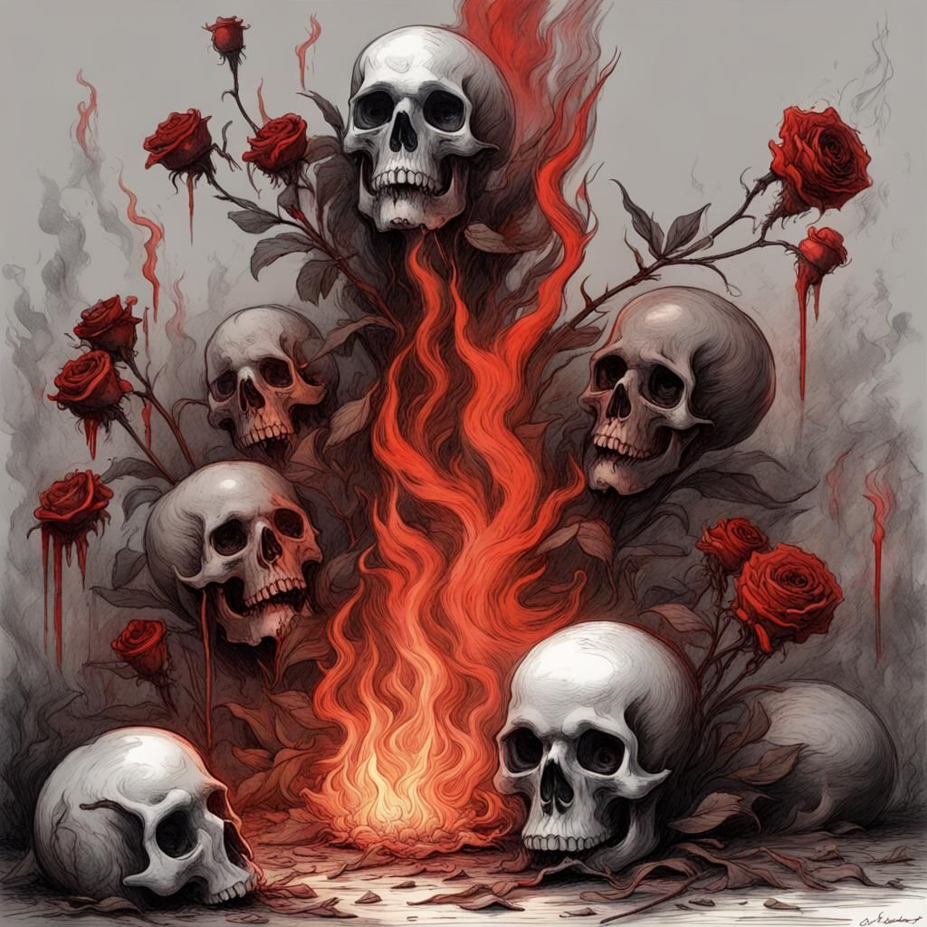 Fiery Black Roses Sketch with Skulls in Horror Style