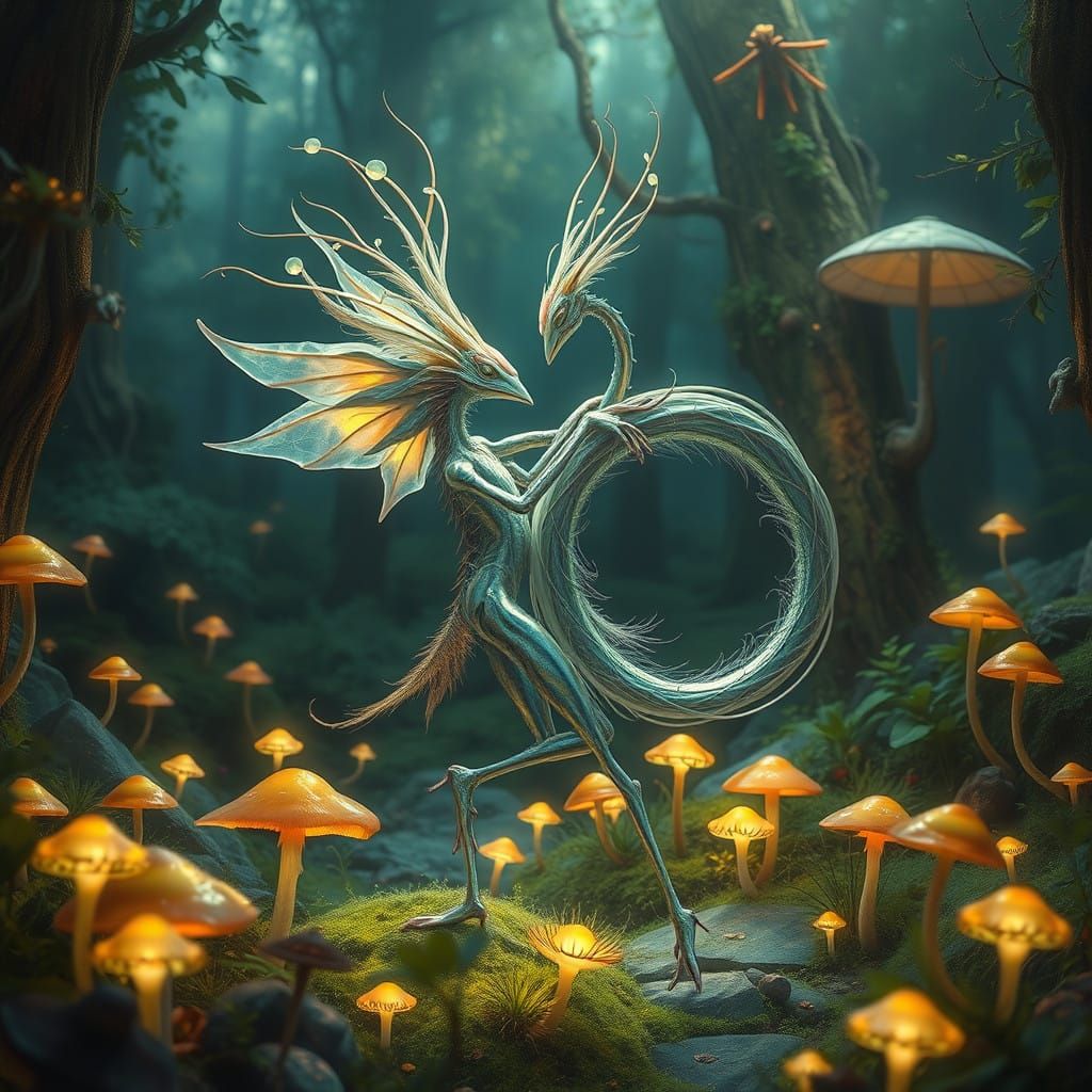 Biomechanical Mating Ritual in a Dreamlike Forest