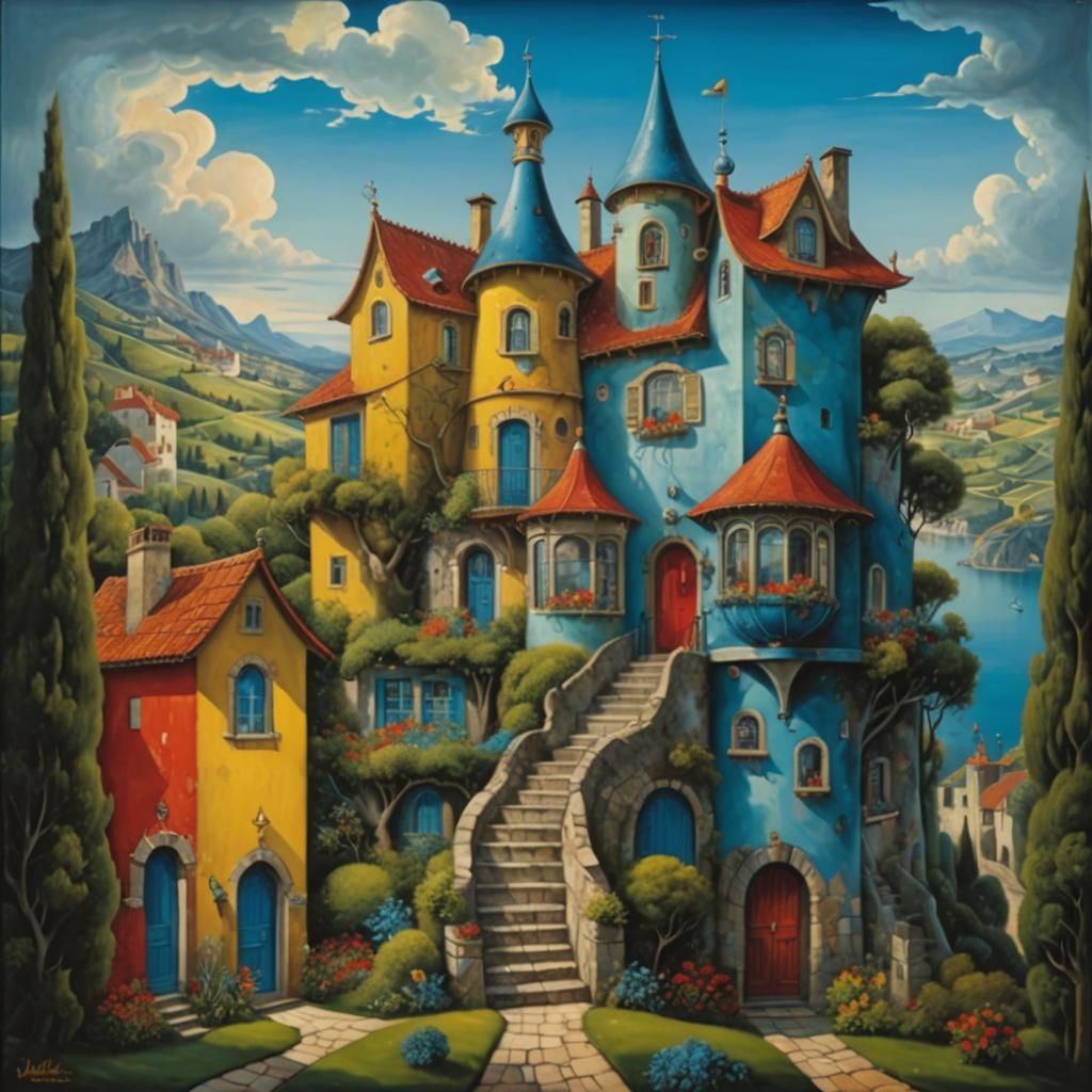 Whimsical House in Surreal Landscape Painting