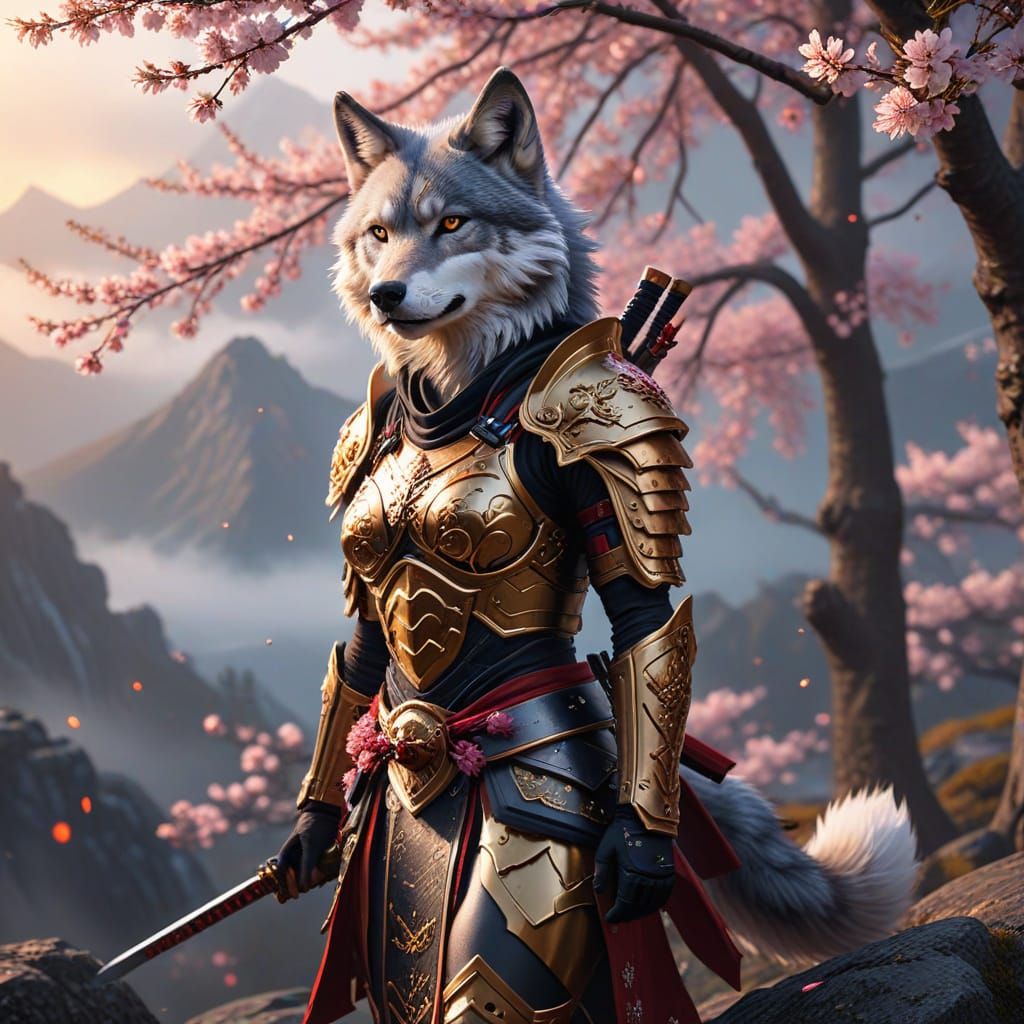 Anthro Wolf Girl Samurai on Misty Mountain