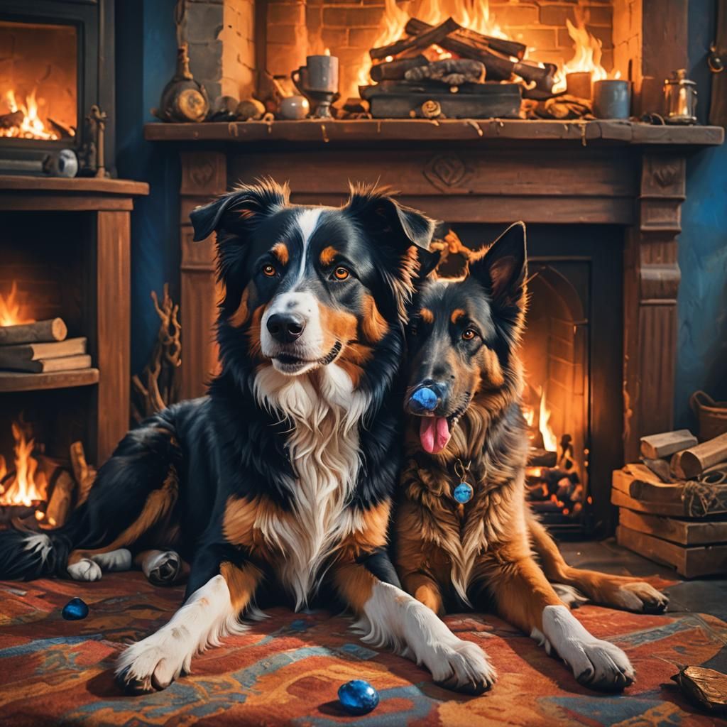 Dogs Cuddling by Fireplace: Fantasy Concept Art