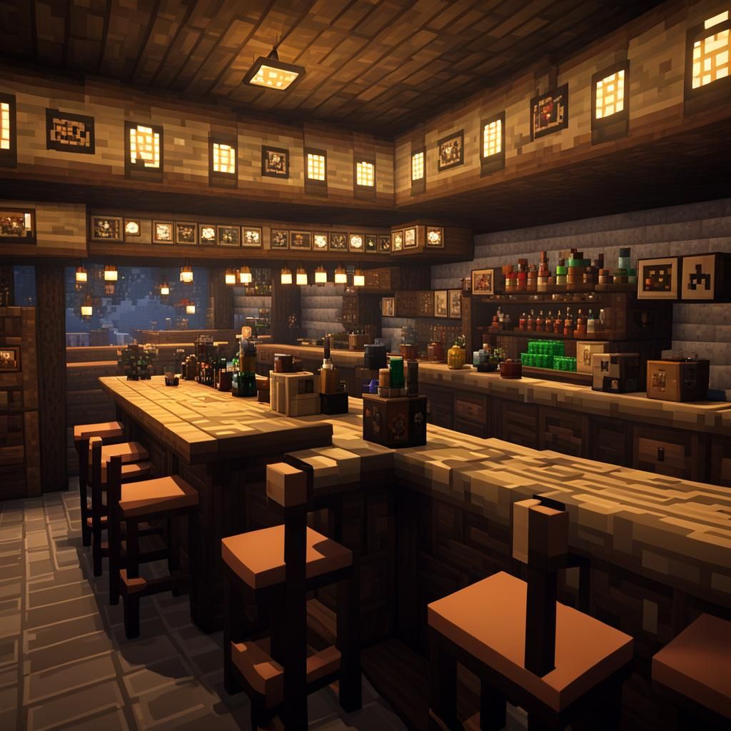 a blocky Minecraft tavern with mugs, bottles of liquor behin...