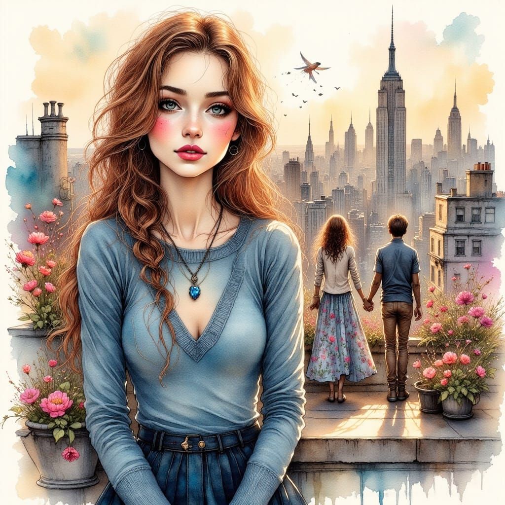 Young Woman Expresses Gratitude on Rooftop with Loved Ones