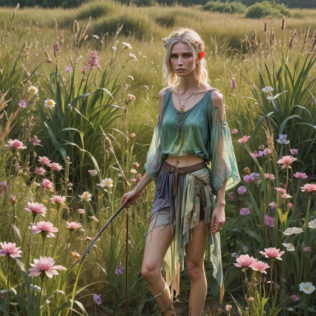 Fae Woman with Spear in Ethereal Pastel Landscape