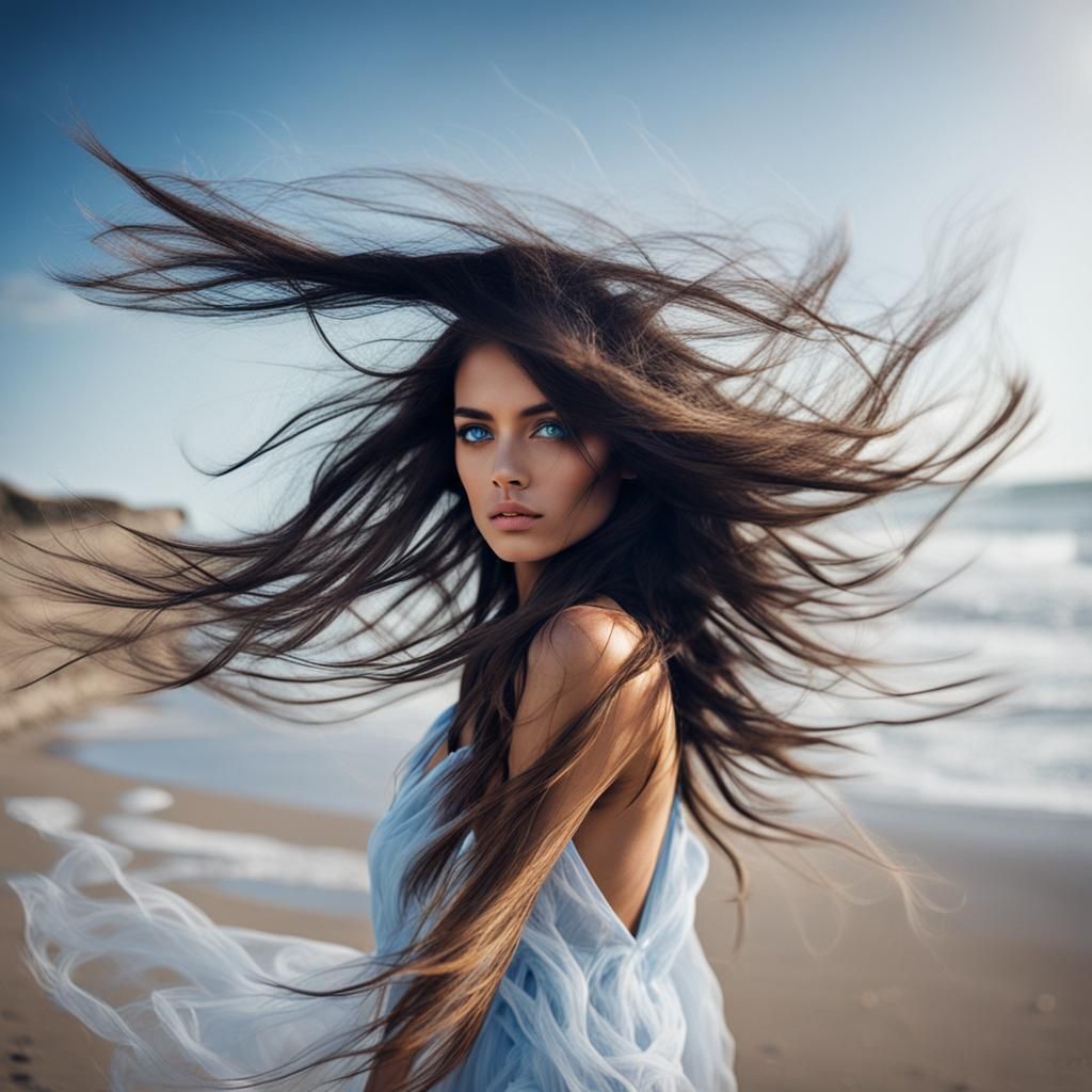 Sensual Brunette with Blue Eyes on Windy Beach
