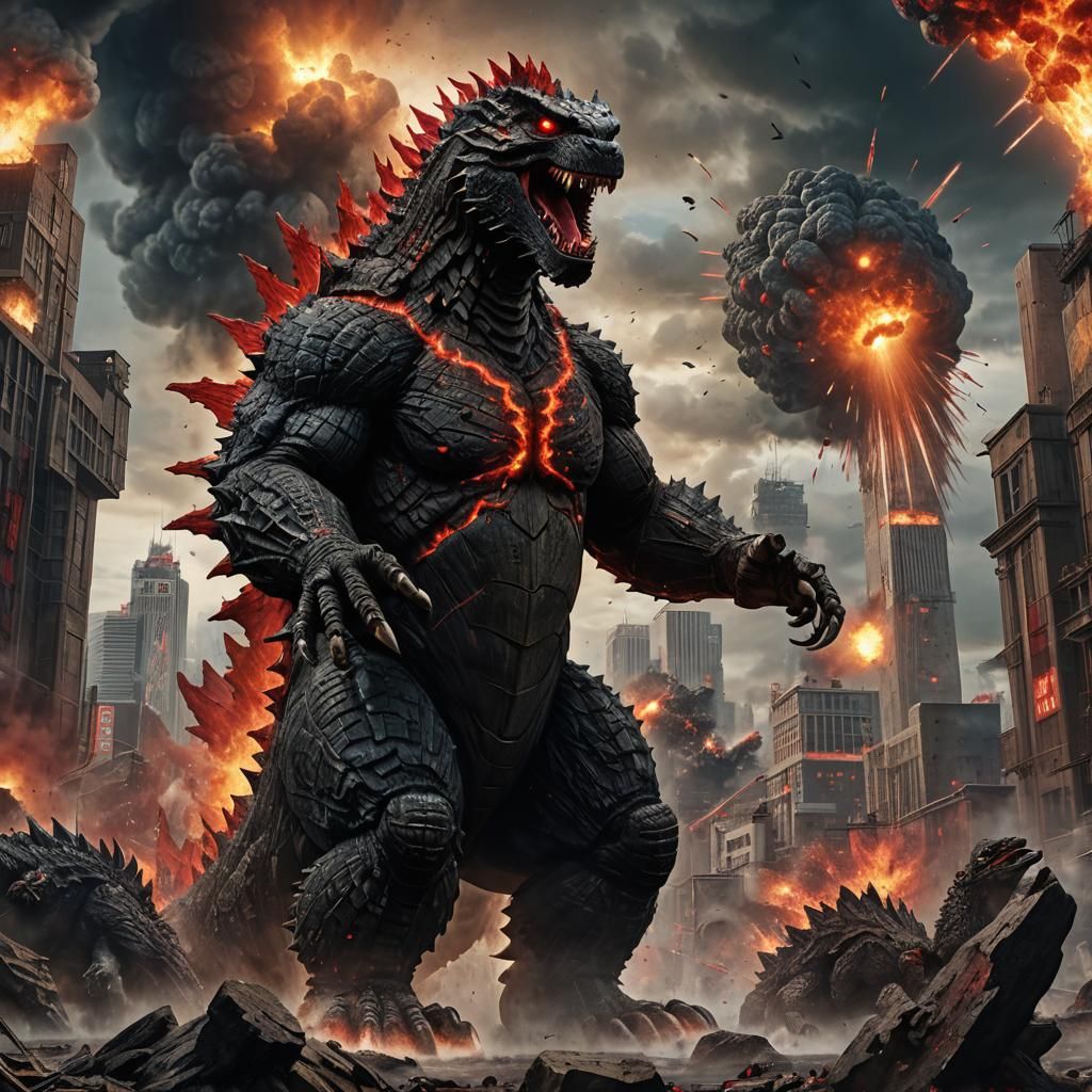Godzilla with Red Dorsal Plates in Nuclear Explosion