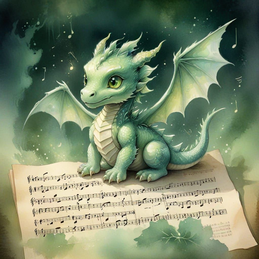Chibi Dragon on Musical Sheet in Watercolor Mist
