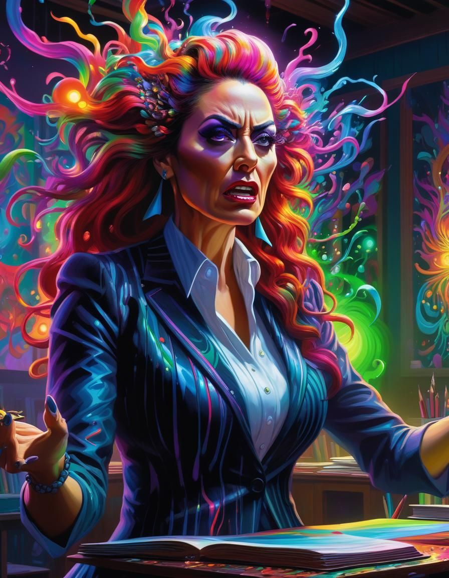 Angry Female Professor in a Psychedelic Classroom
