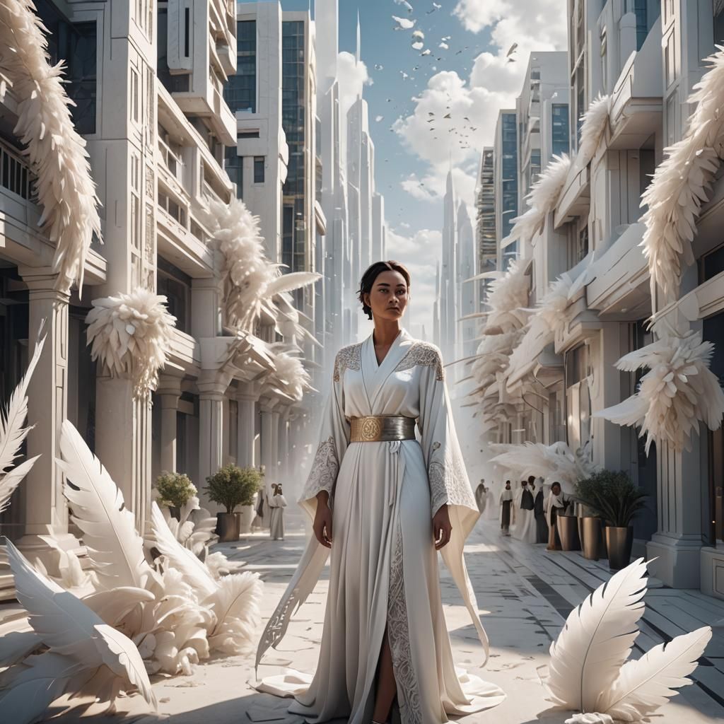 Ethereal Woman in White City, as Digital Fantasy Art