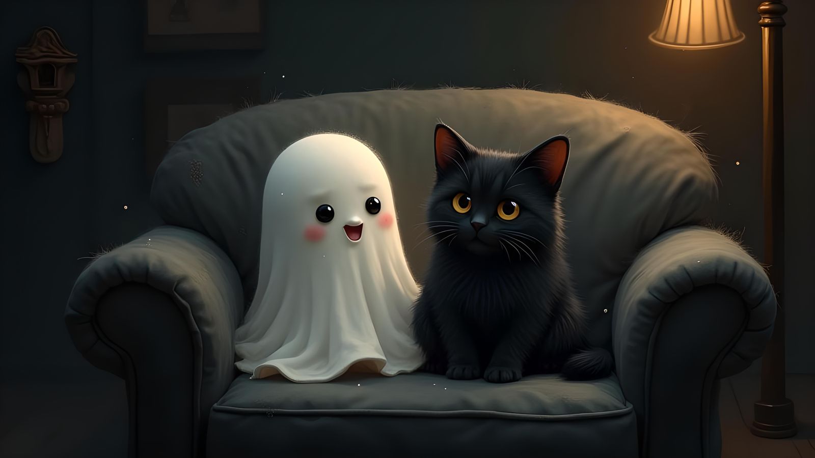 Cute Ghost and Cat on Couch: Fantasy Concept Art